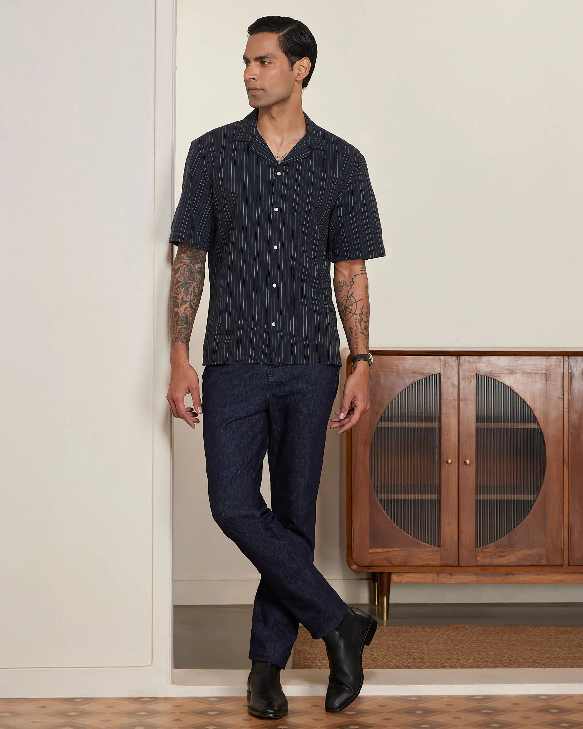 Navy Half-Sleeve Seersucker Striped Shirt - Image 3