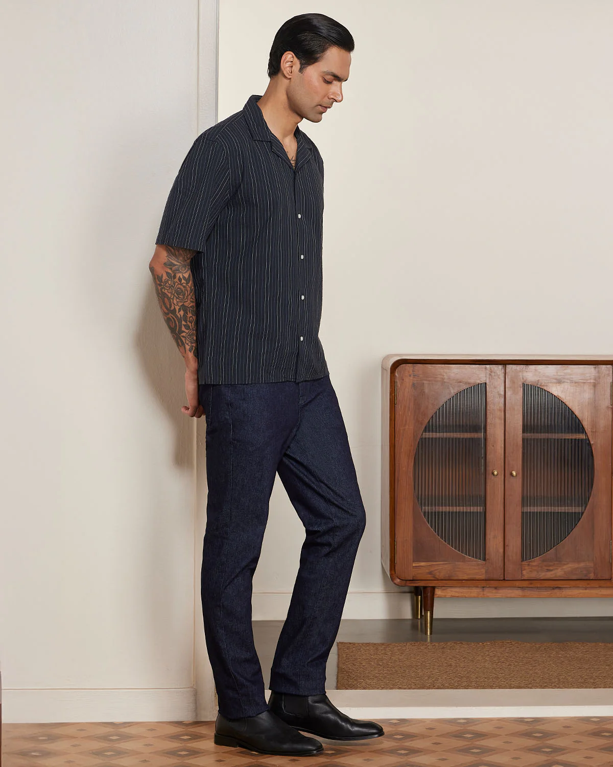 Navy Half-Sleeve Seersucker Striped Shirt - Image 4
