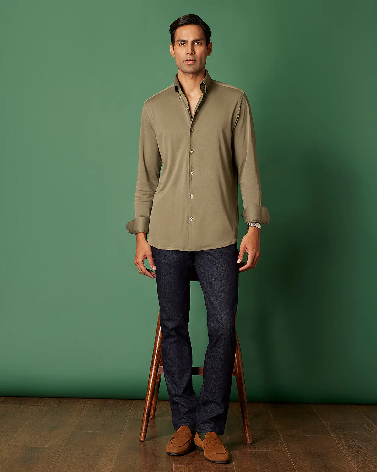 Green Stretch Knit Cooper Collar Shirt - Image 3