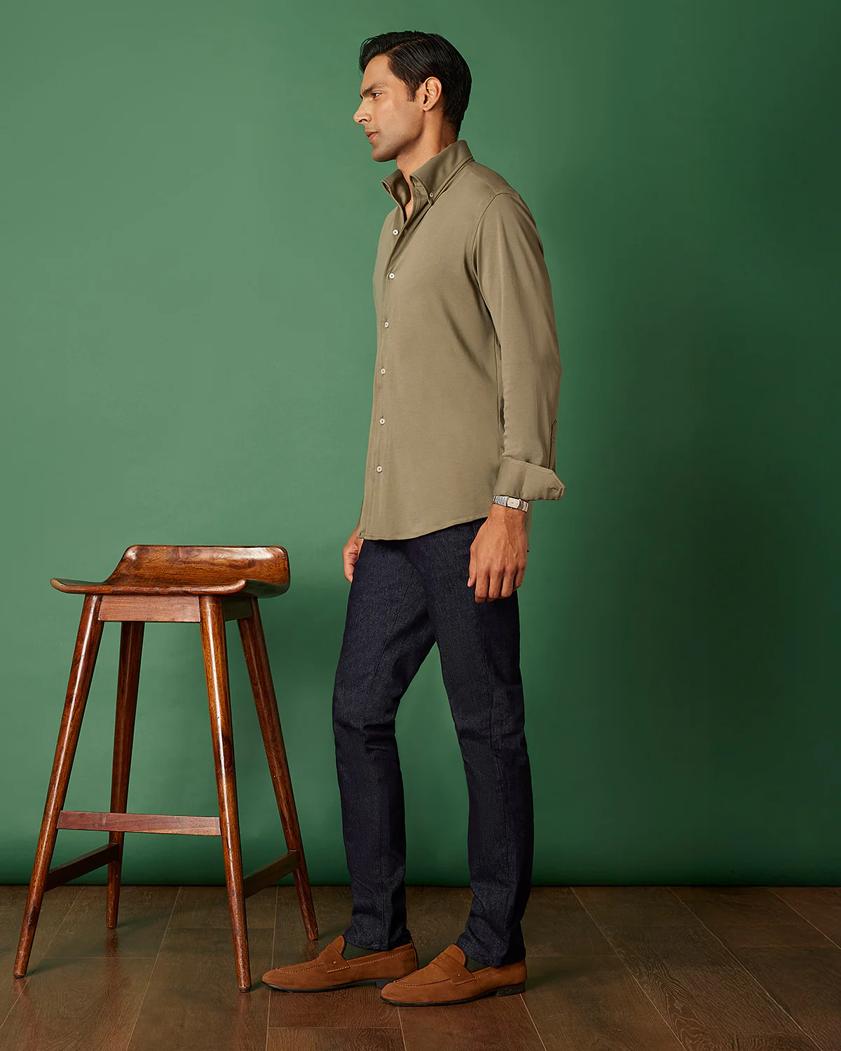 Green Stretch Knit Cooper Collar Shirt - Image 4