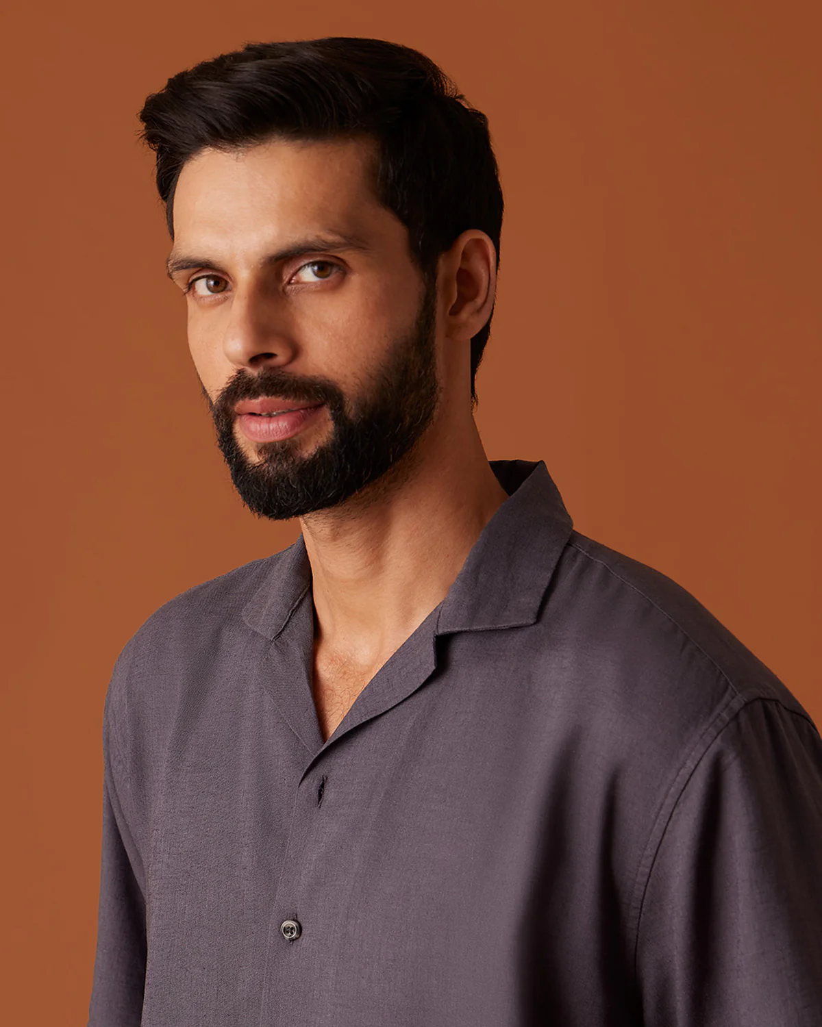 Grey Half-Sleeve Blended Linen Shirt - Image 2