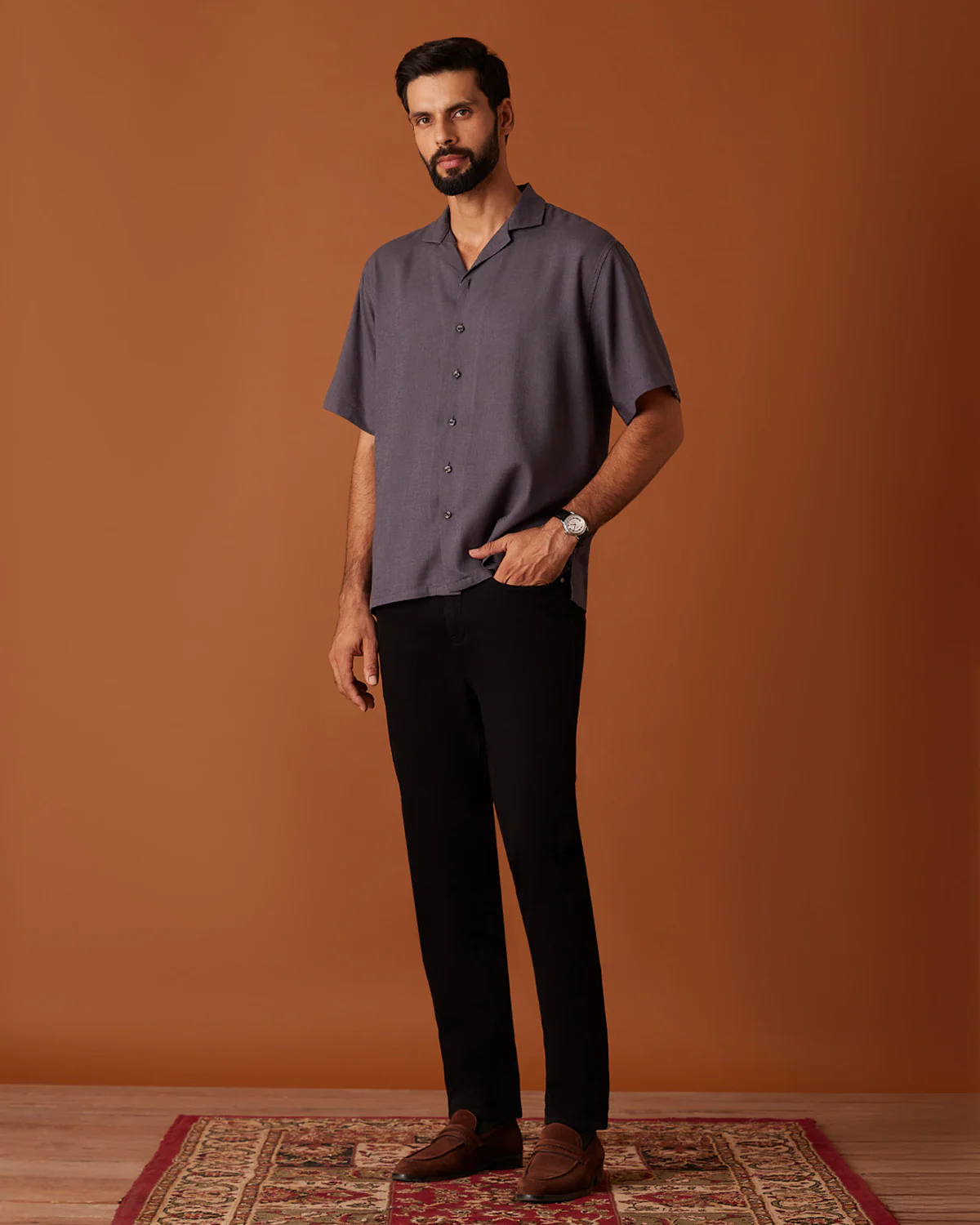 Grey Half-Sleeve Blended Linen Shirt - Image 3