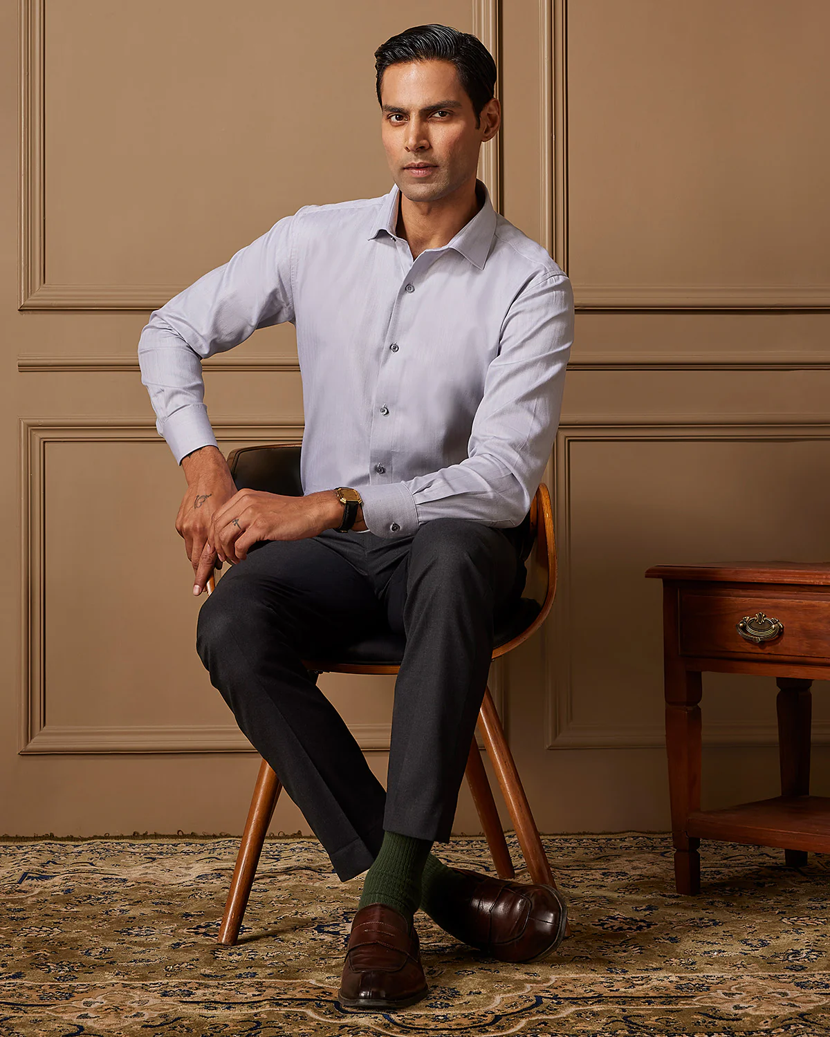 Grey Solid Herringbone Shirt - Image 3