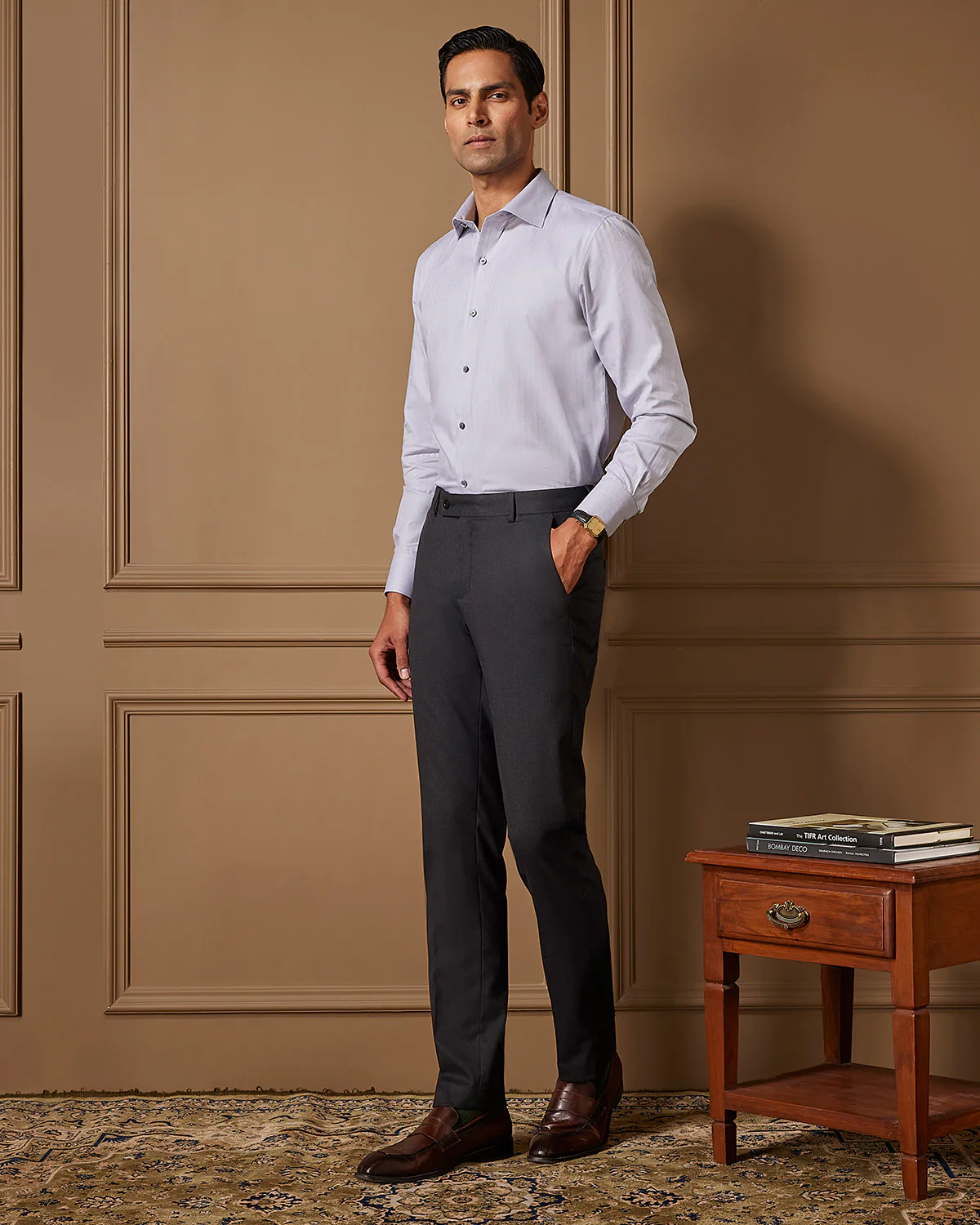 Grey Solid Herringbone Shirt - Image 4