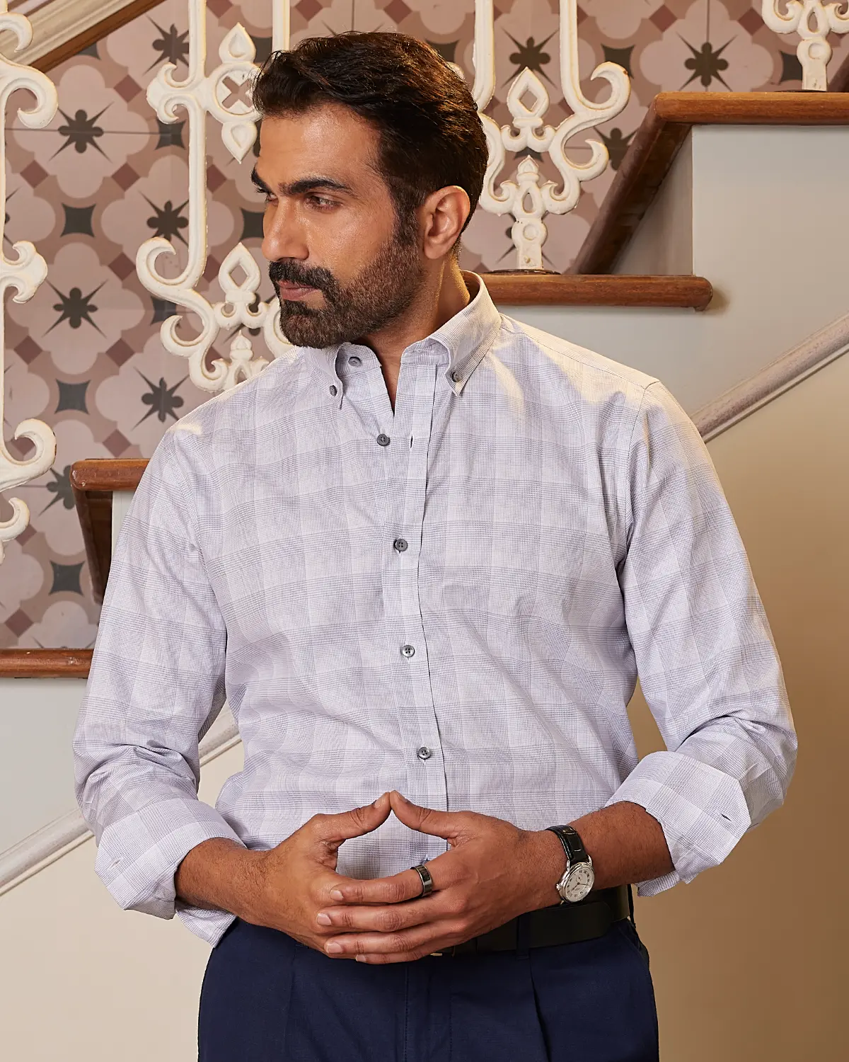 Grey & White Dobby Checked Shirt - Image 2