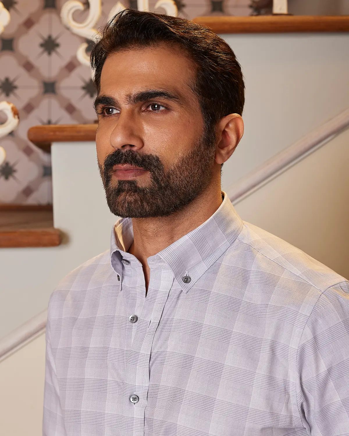 Grey & White Dobby Checked Shirt - Image 3