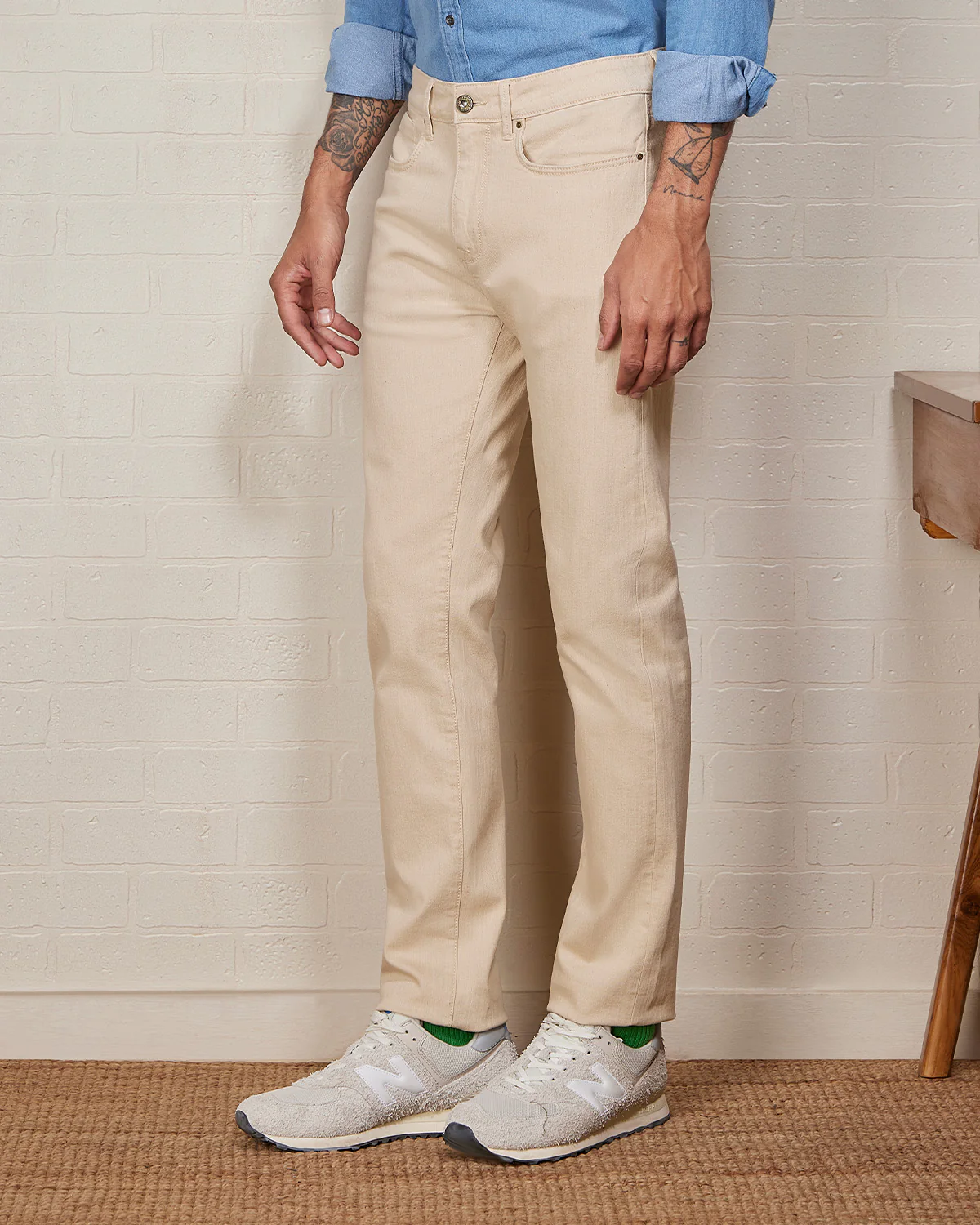 Japanese Canvas Ecru Stretch Jeans - Ecru - Image 4