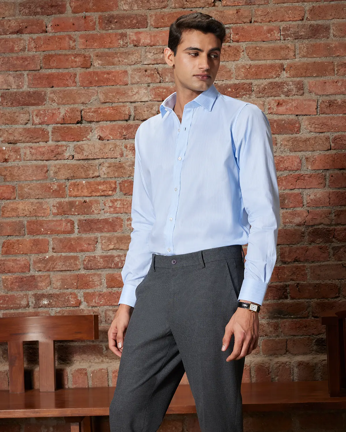 Light Blue Cotton Lyocell Checked Shirt - Image 2