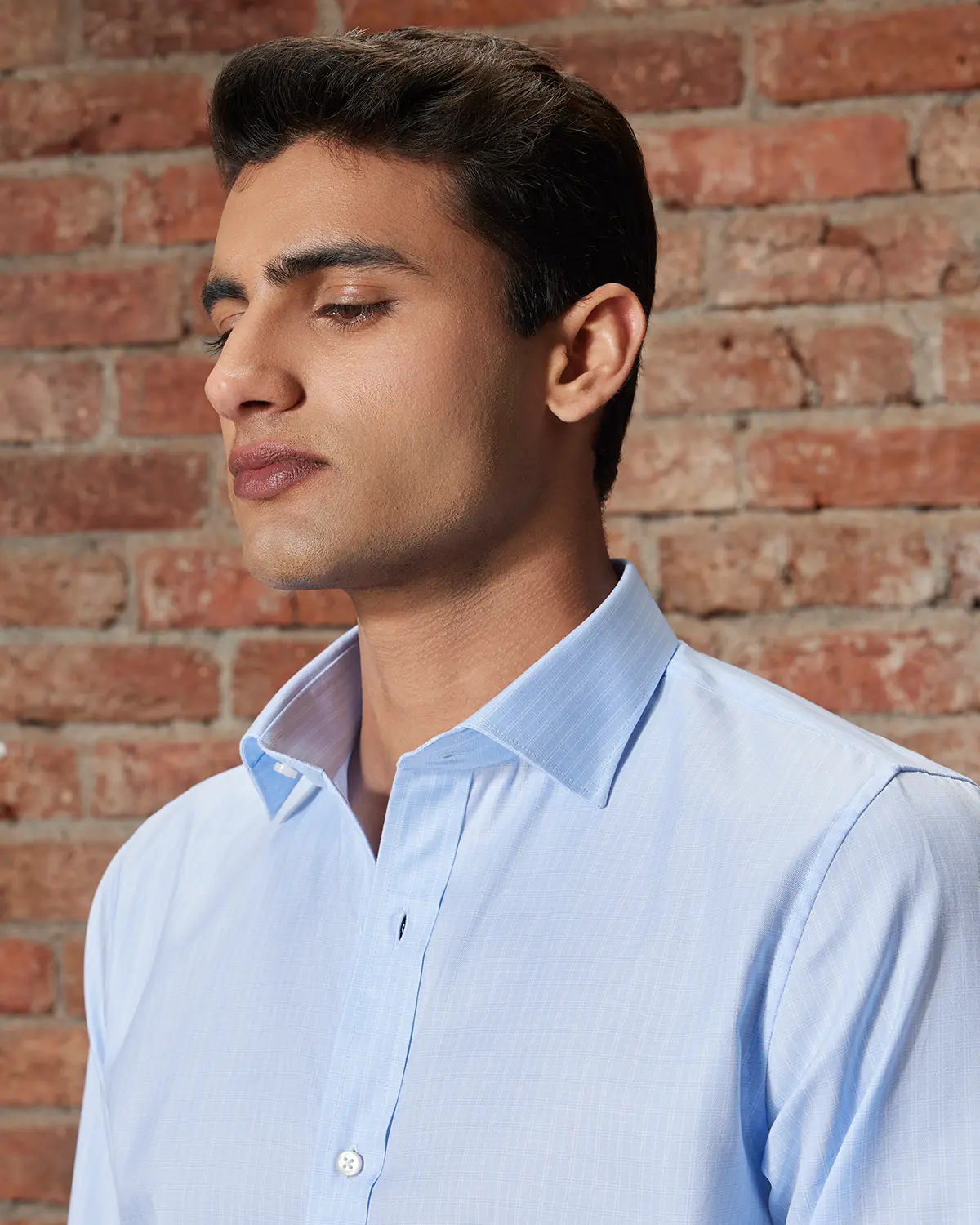 Light Blue Cotton Lyocell Checked Shirt - Image 3