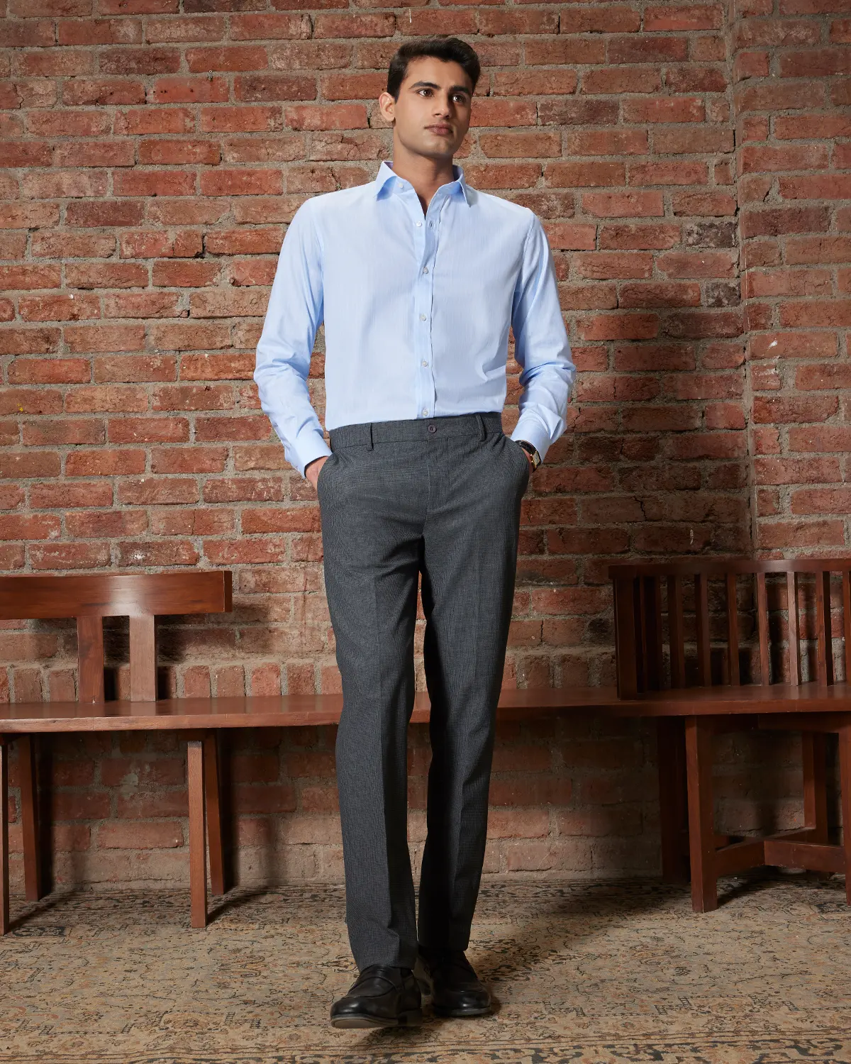 Light Blue Cotton Lyocell Checked Shirt - Image 4