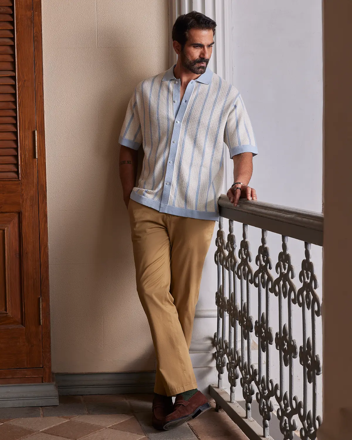 Light Blue & White Striped Flat Knit Shirt - Image 3