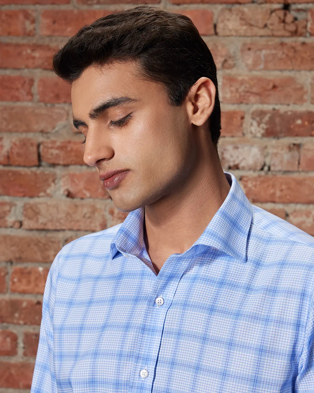 Light Blue Stretch Oxford Checked Shirt - Image 2