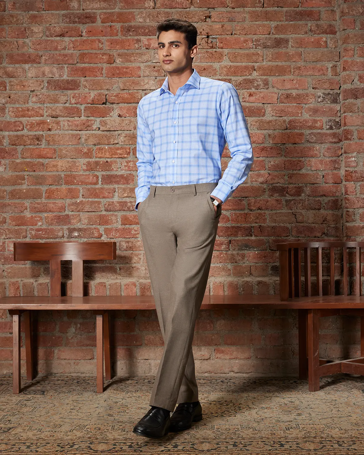 Light Blue Stretch Oxford Checked Shirt - Image 3