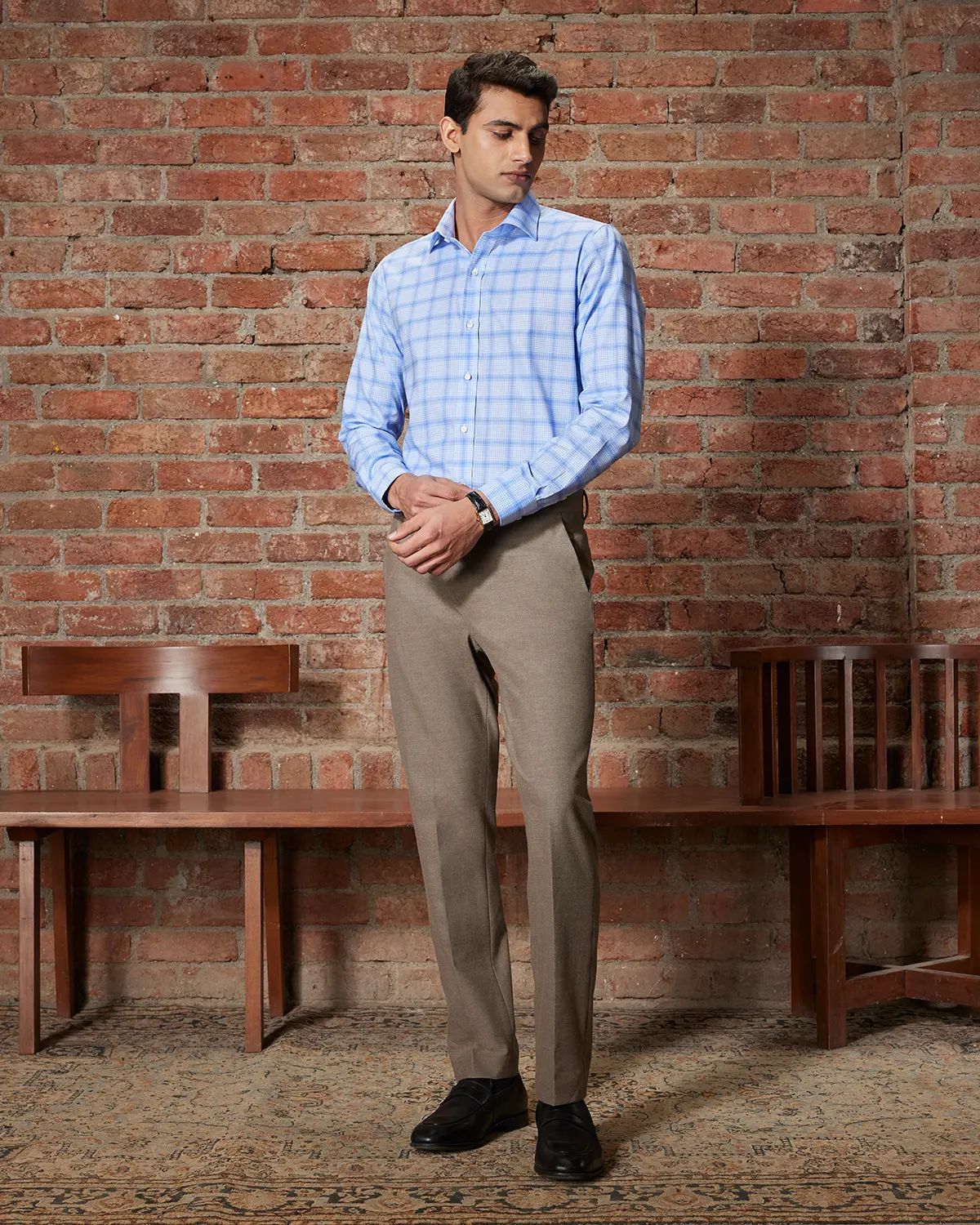 Light Blue Stretch Oxford Checked Shirt - Image 4