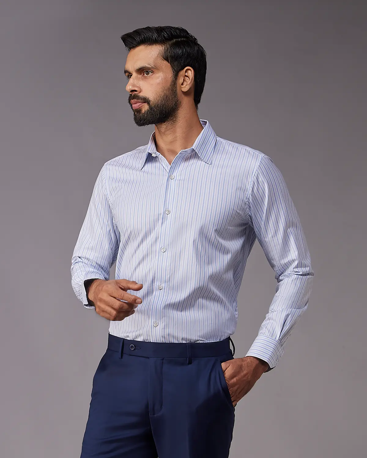 2-Ply Egyptian Cotton Mid Blue Striped Shirt - Image 2