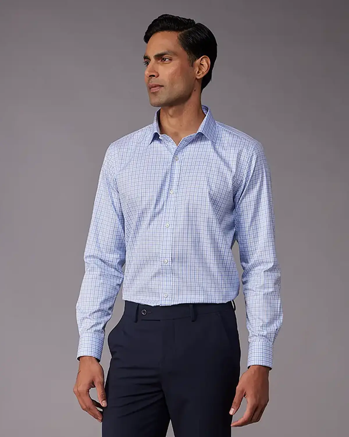 Manhattan Mid Blue & White Checked Shirt - Image 2