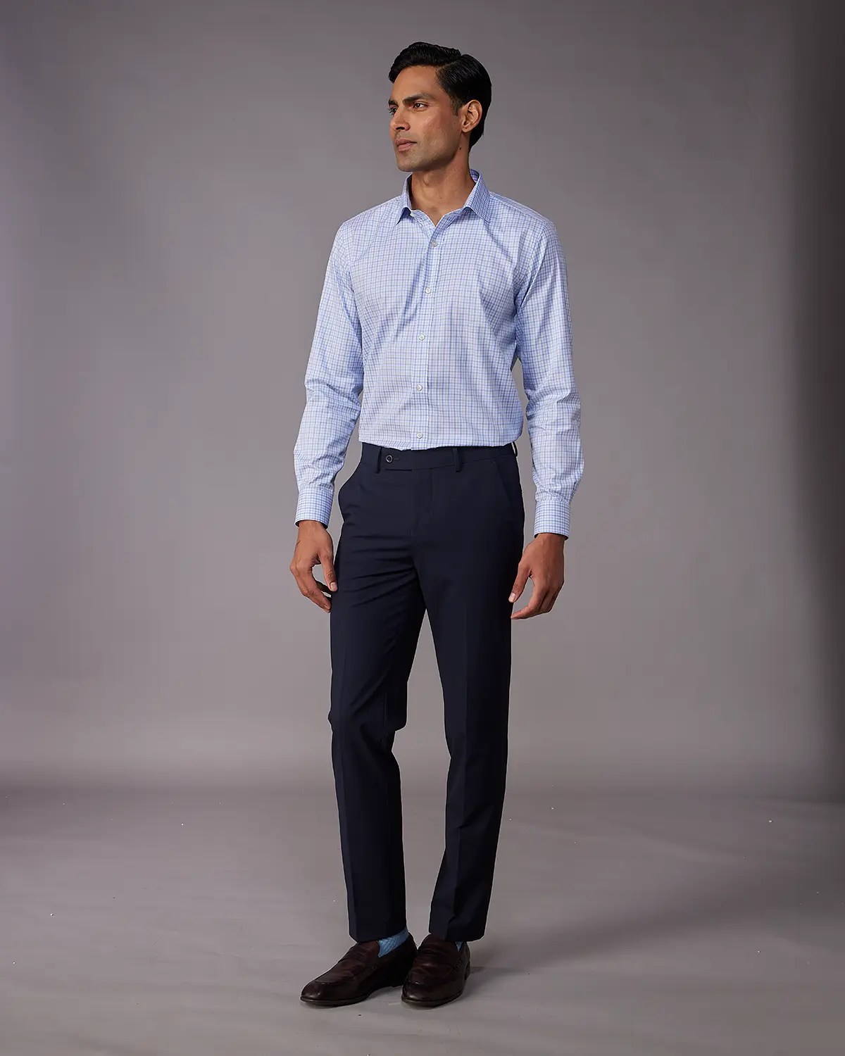 Manhattan Mid Blue & White Checked Shirt - Image 5