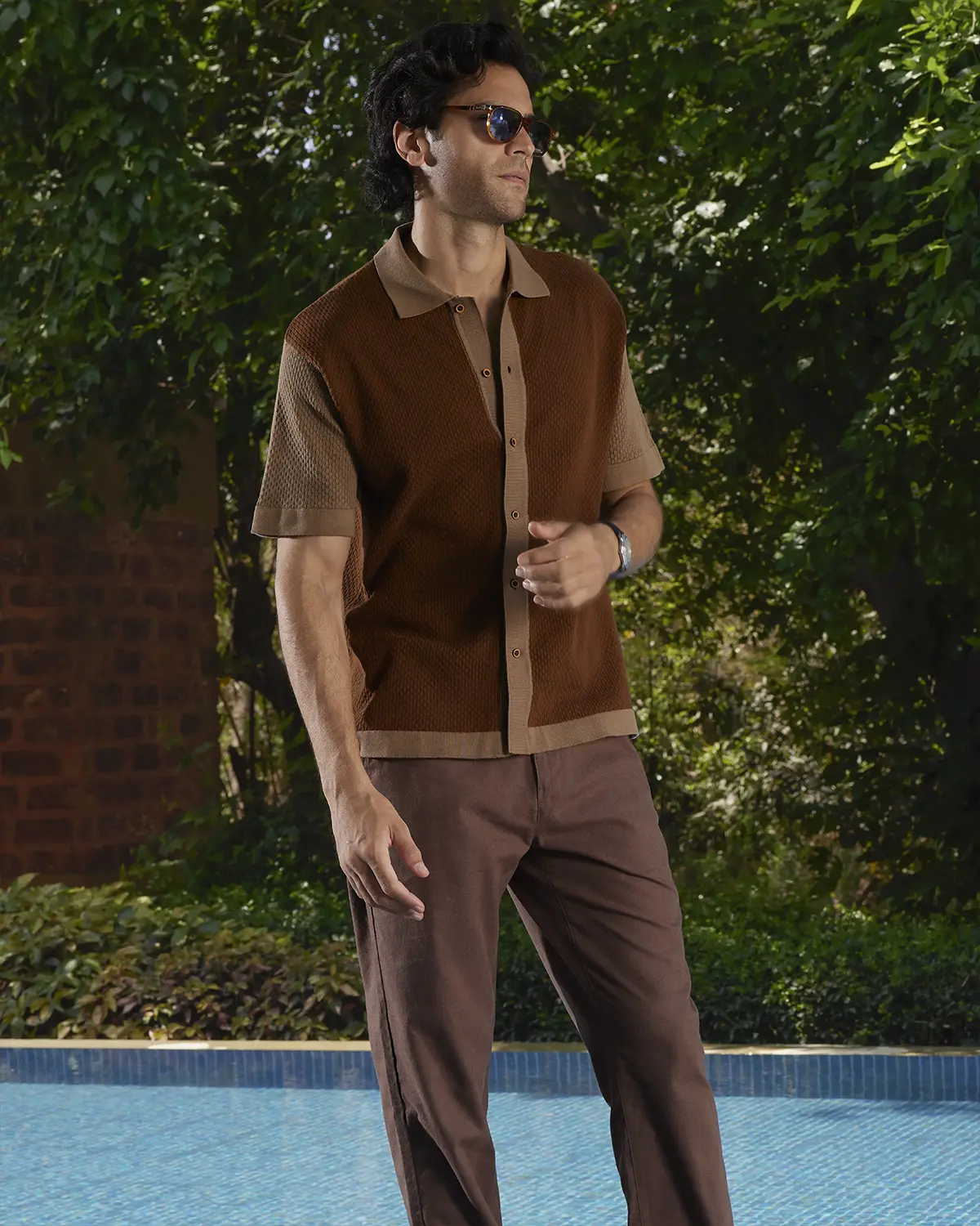 Mocha Duo-Tone Flat Knit Shirt