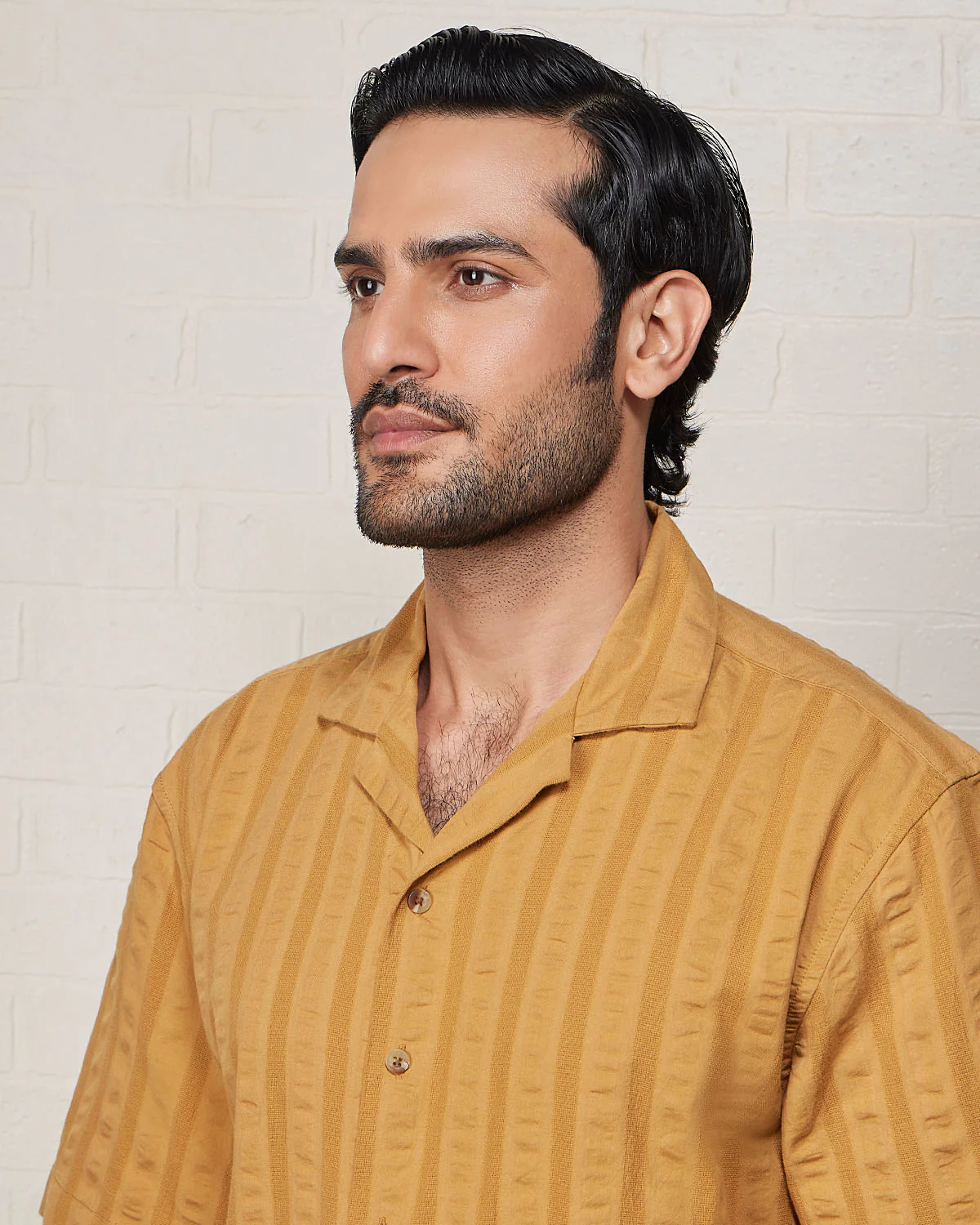 Mustard Half-Sleeve Textured Dobby Shirt - Image 2