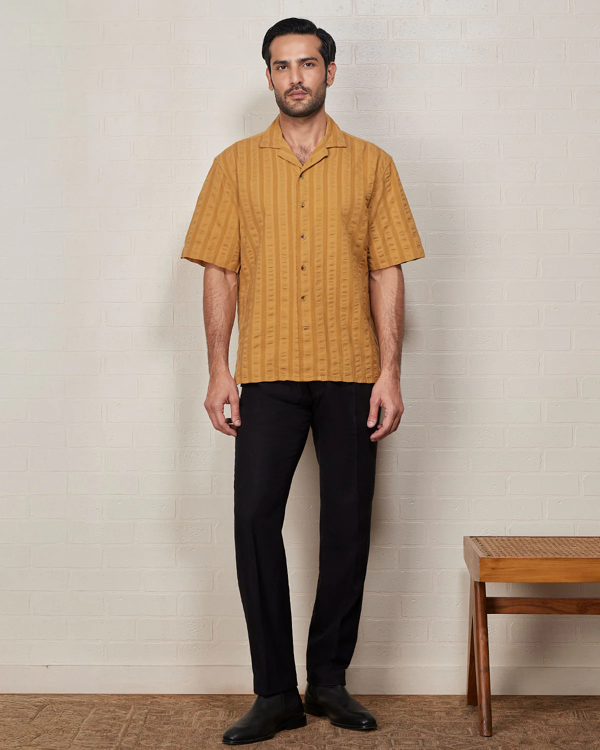 Mustard Half-Sleeve Textured Dobby Shirt - Image 3