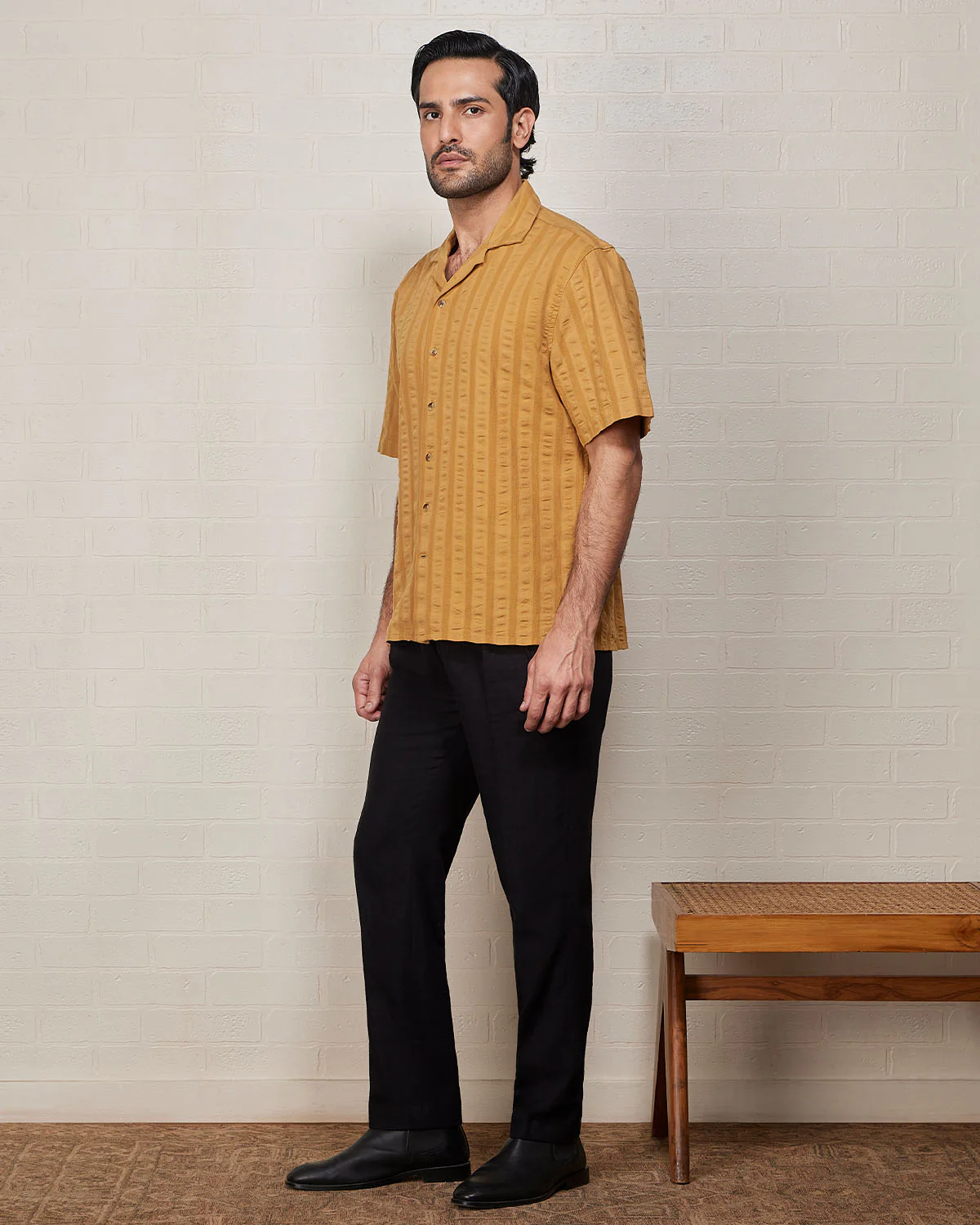 Mustard Half-Sleeve Textured Dobby Shirt - Image 4