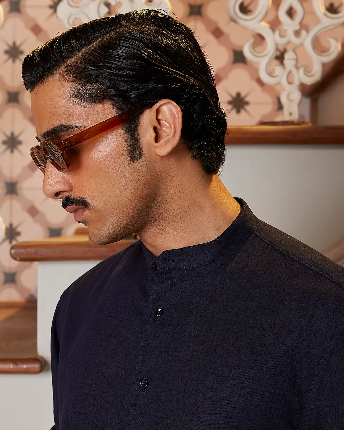 Navy Cotton Linen Bandhgala Shirt - Image 2
