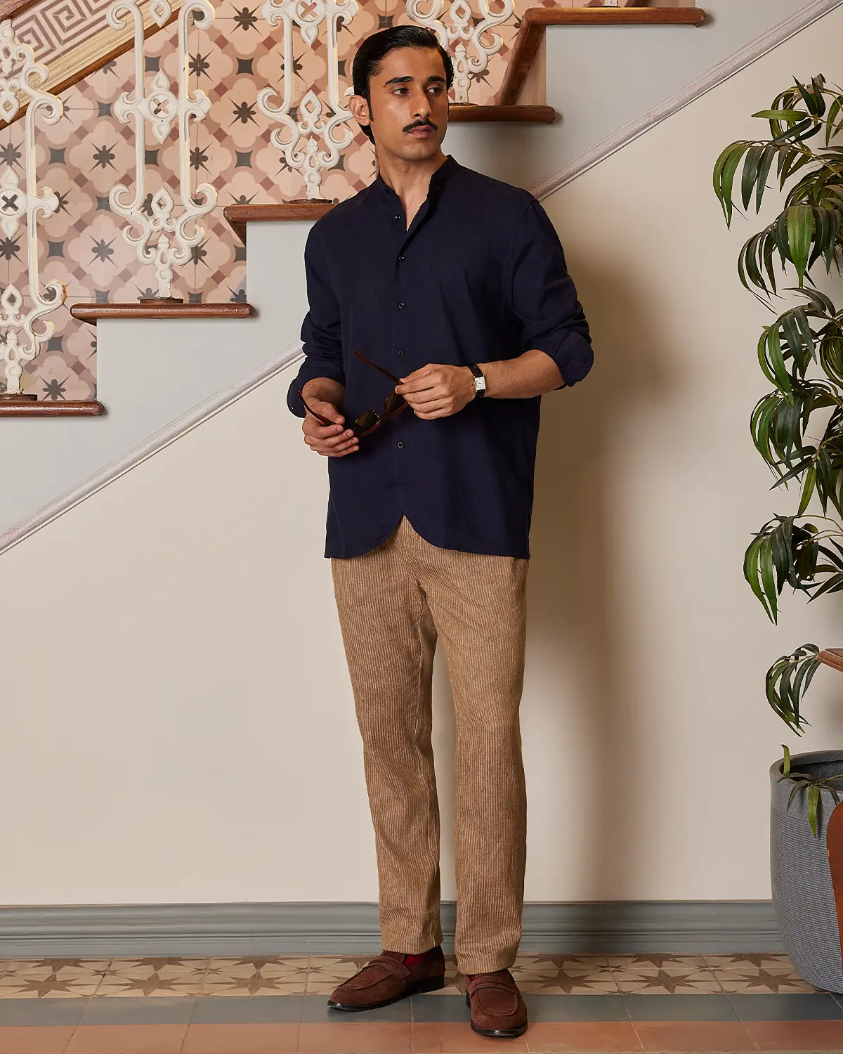 Navy Cotton Linen Bandhgala Shirt - Image 3