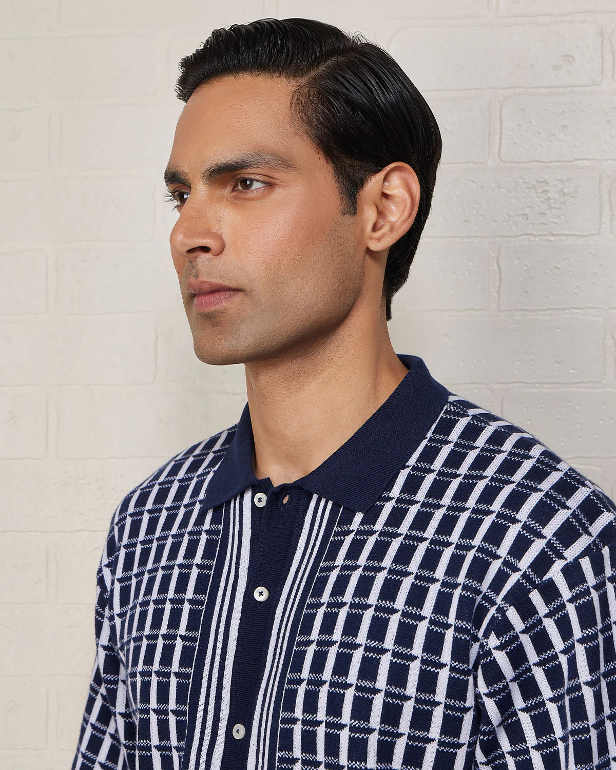 Navy Checked Flat Knit Shirt - Image 2