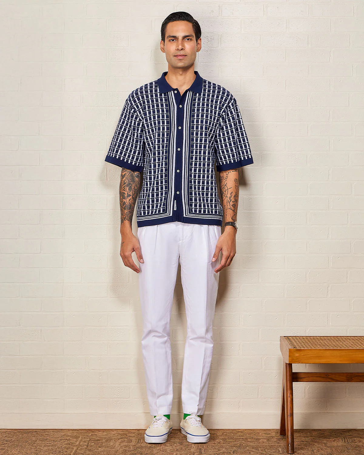 Navy Checked Flat Knit Shirt - Image 3