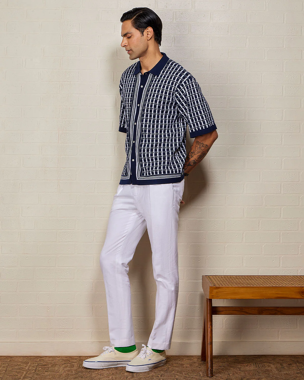 Navy Checked Flat Knit Shirt - Image 4