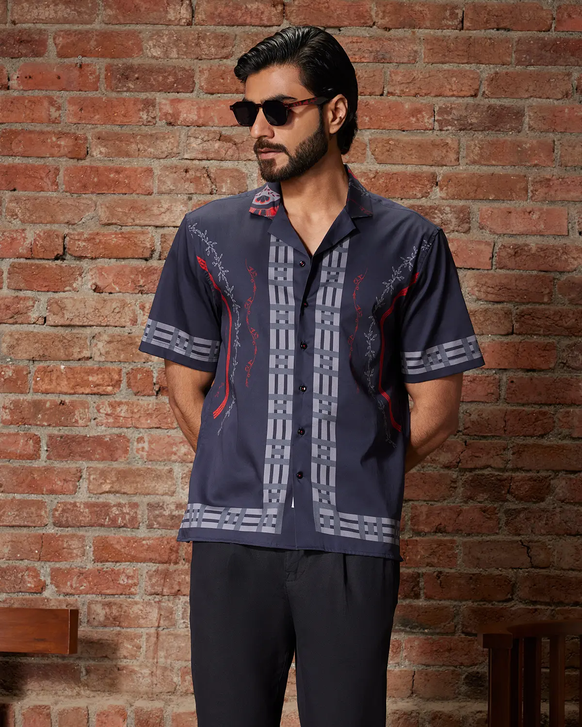 Navy & Red Circle Print Satin Shirt