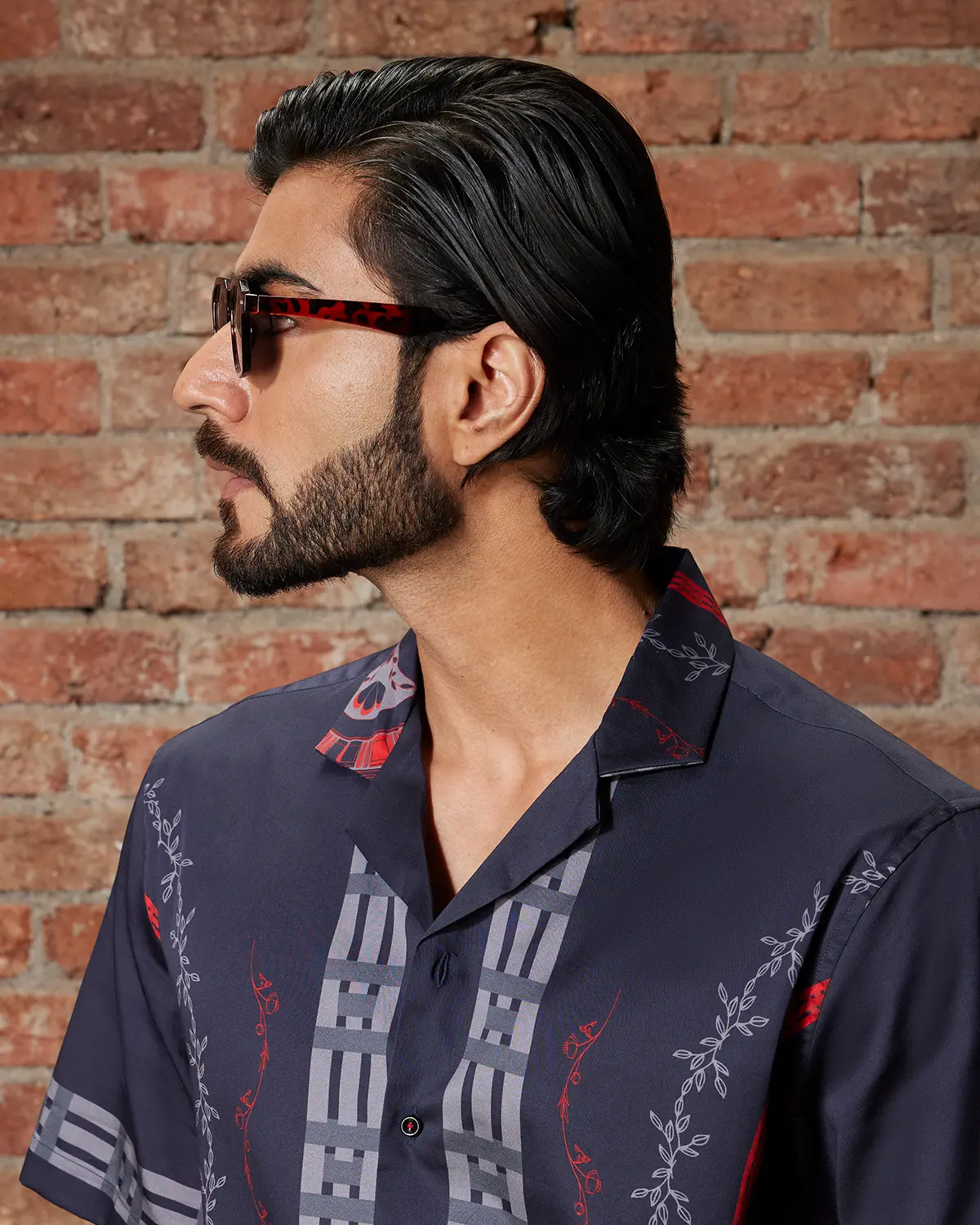 Navy & Red Circle Print Satin Shirt - Image 2