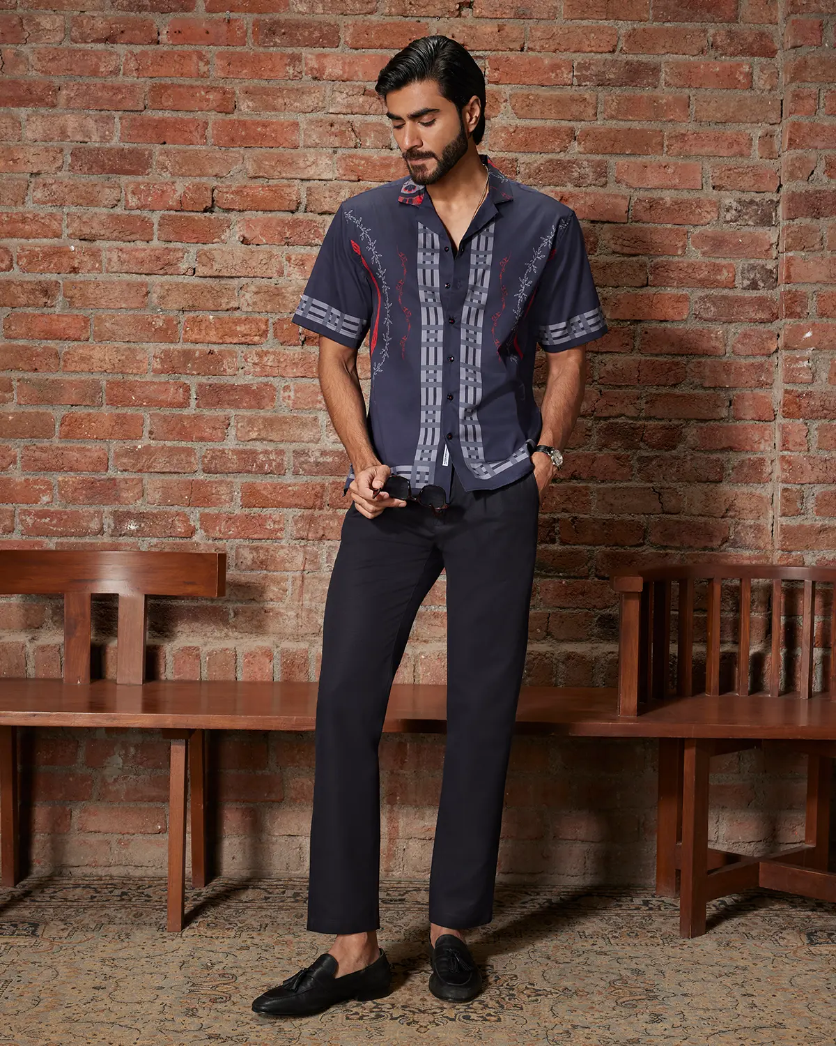 Navy & Red Circle Print Satin Shirt - Image 3