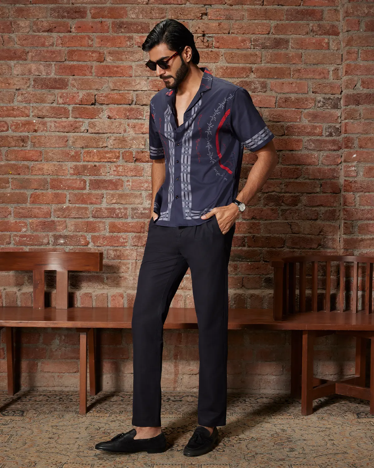 Navy & Red Circle Print Satin Shirt - Image 4