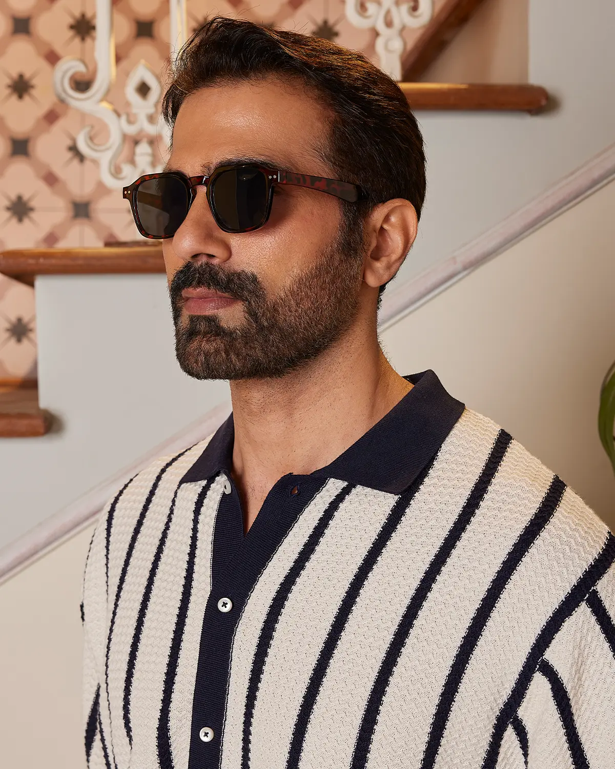 Navy & White Striped Flat Knit Shirt - Image 2