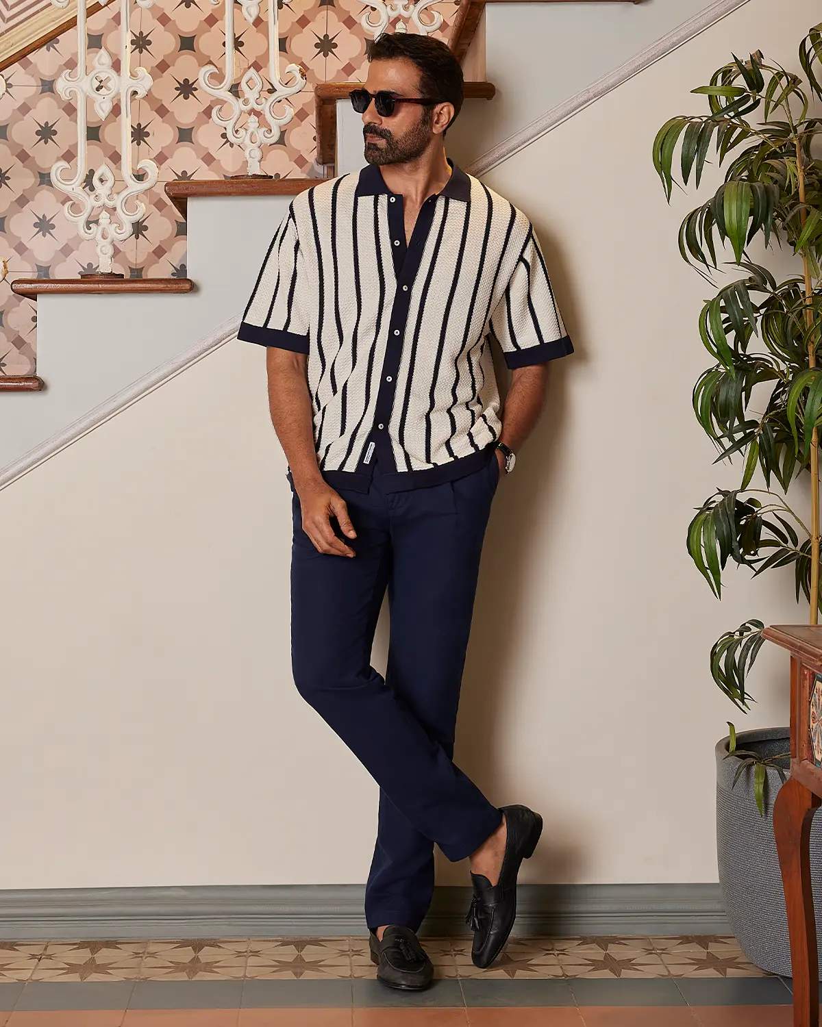 Navy & White Striped Flat Knit Shirt - Image 3