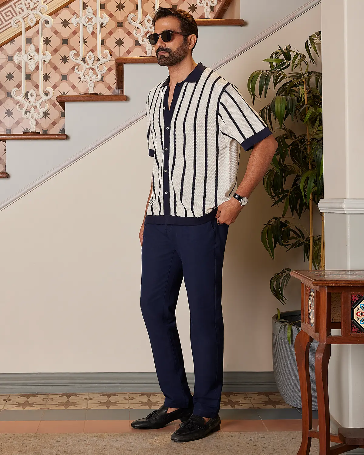 Navy & White Striped Flat Knit Shirt - Image 4