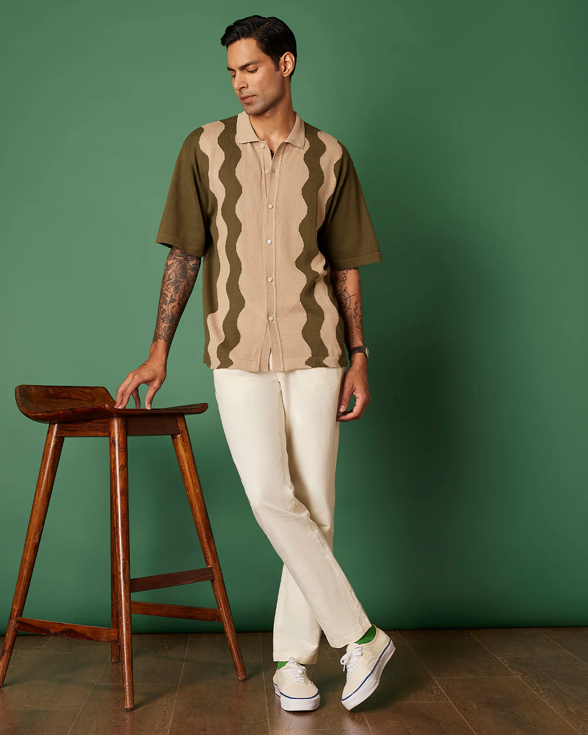Olive Cotton Dobby Flat Knit Shirt - Image 3