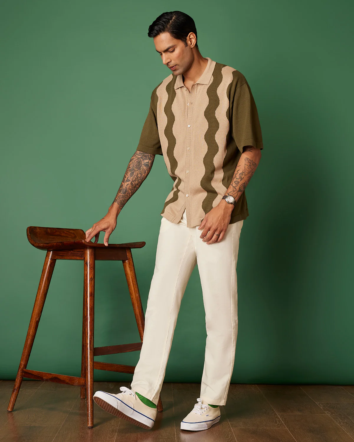 Olive Cotton Dobby Flat Knit Shirt - Image 4