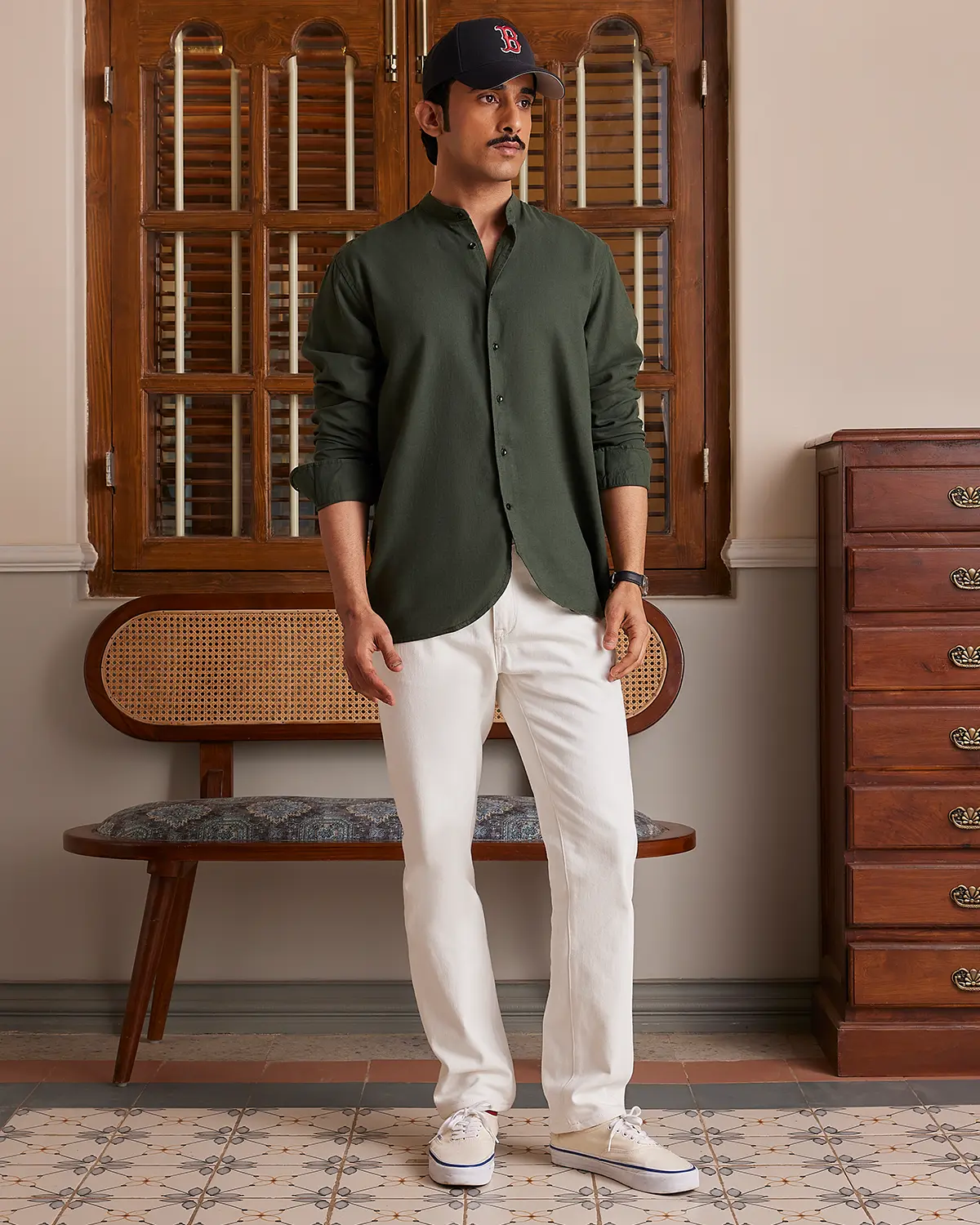 Olive Cotton Linen Bandhgala Shirt - Image 3