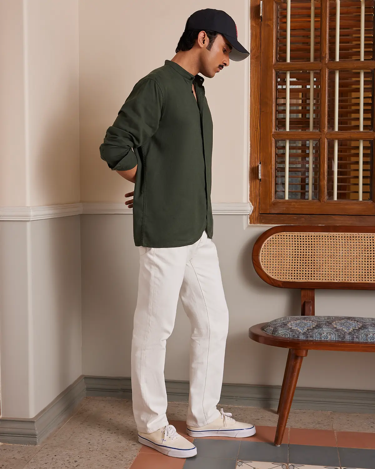 Olive Cotton Linen Bandhgala Shirt - Image 4