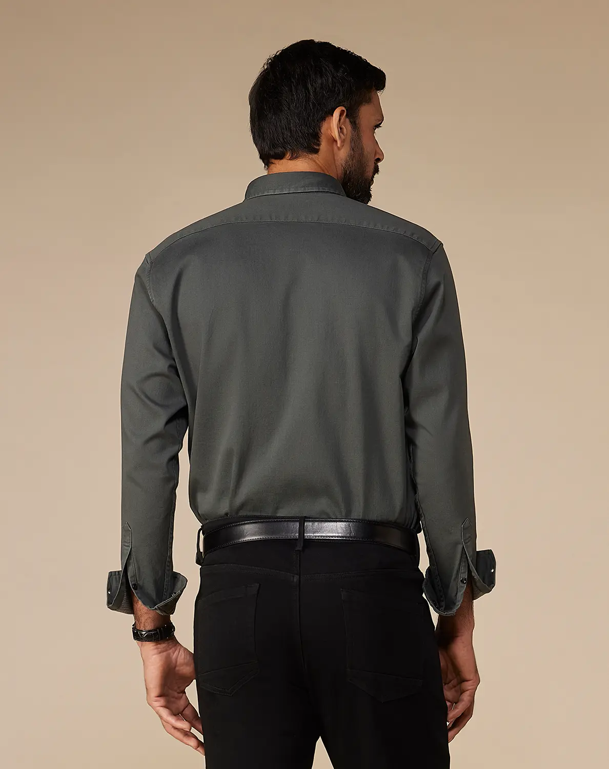 Olive Washed Dobby Denim Shirt - Image 2