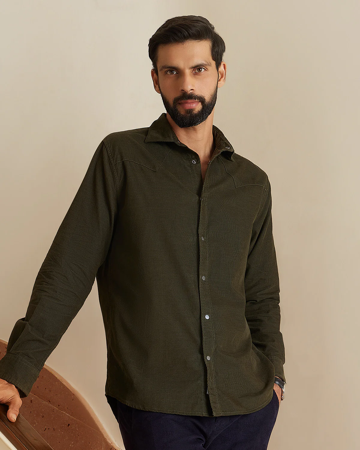 Reed Olive Cotton Corduroy Shirt - Image 2