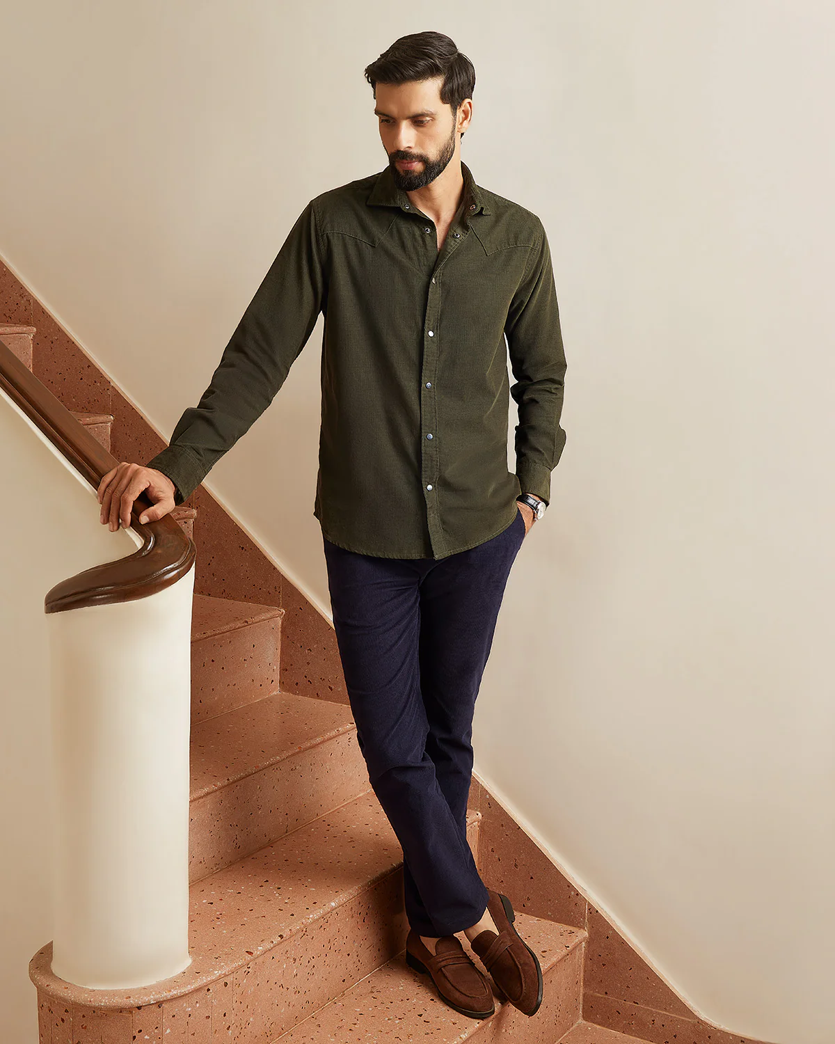 Reed Olive Cotton Corduroy Shirt - Image 5