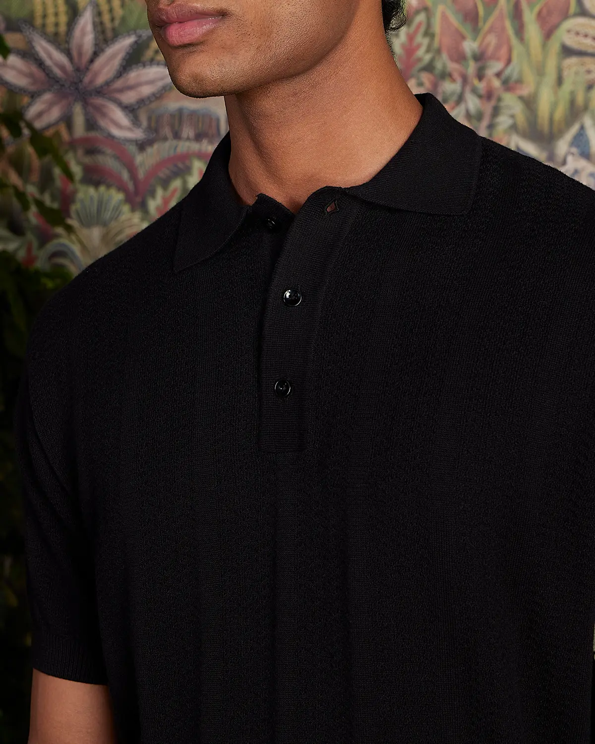 Signature Flat Knit Jacquard Button Polo - Black - Image 3