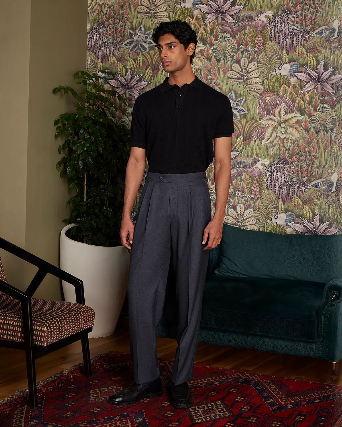 Signature Flat Knit Jacquard Button Polo - Black - Image 4