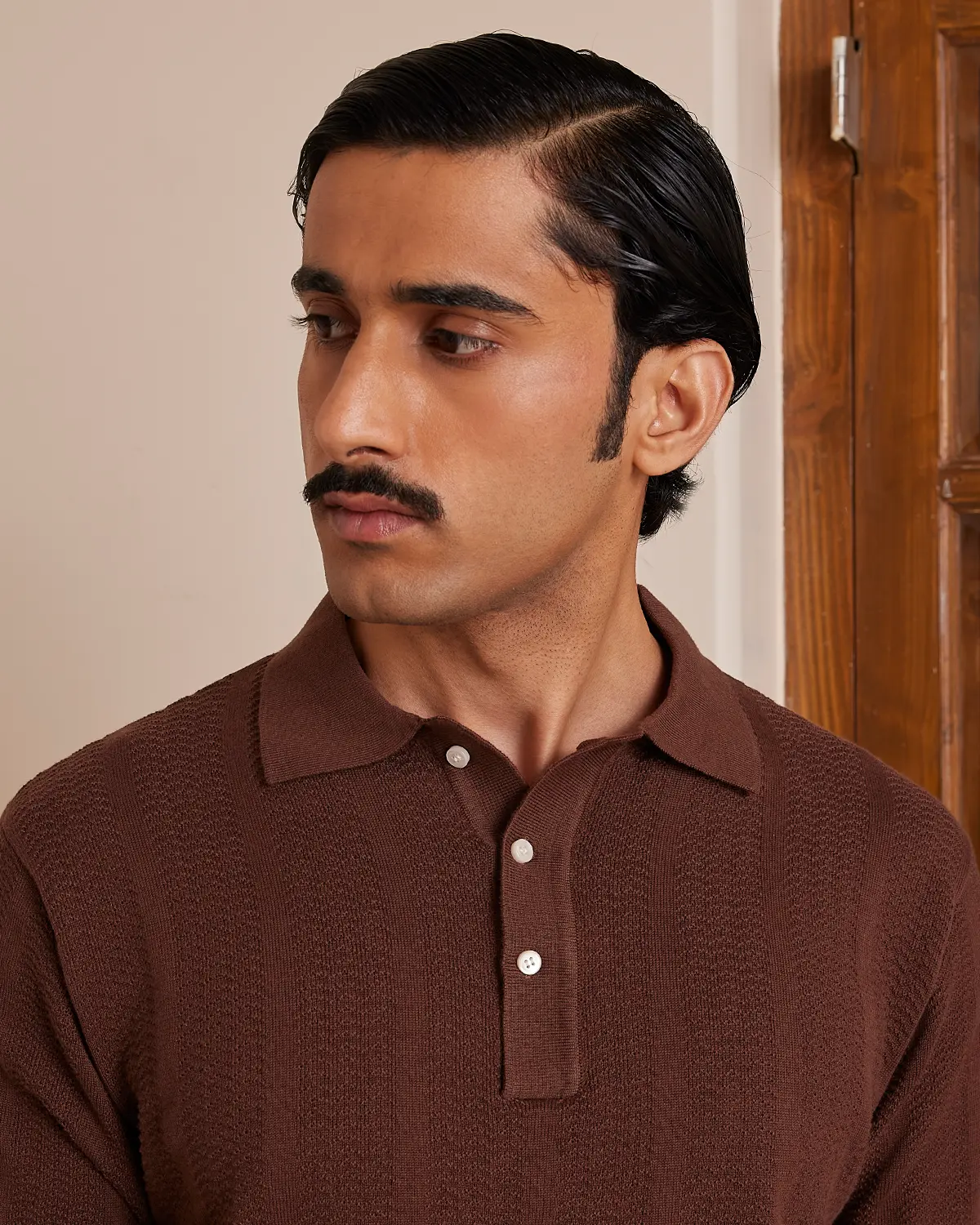 Signature Flat Knit Jacquard Button Polo - Brown - Image 3