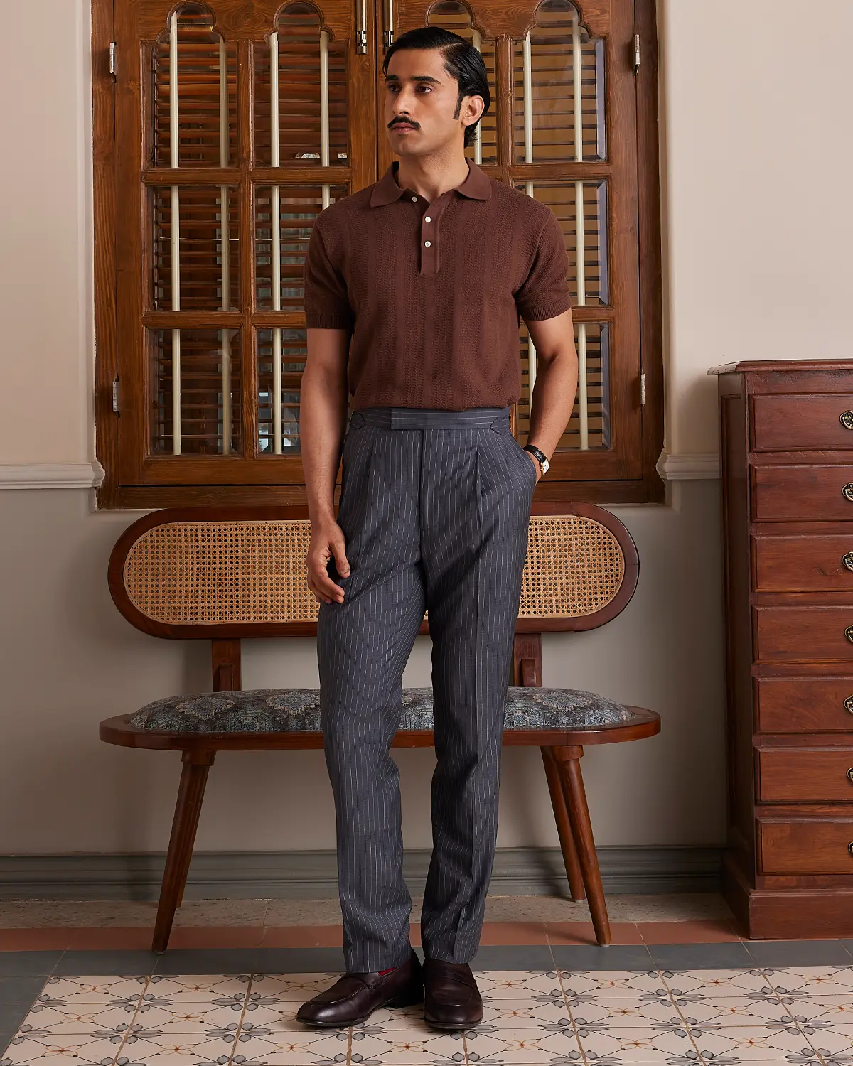 Signature Flat Knit Jacquard Button Polo - Brown - Image 4
