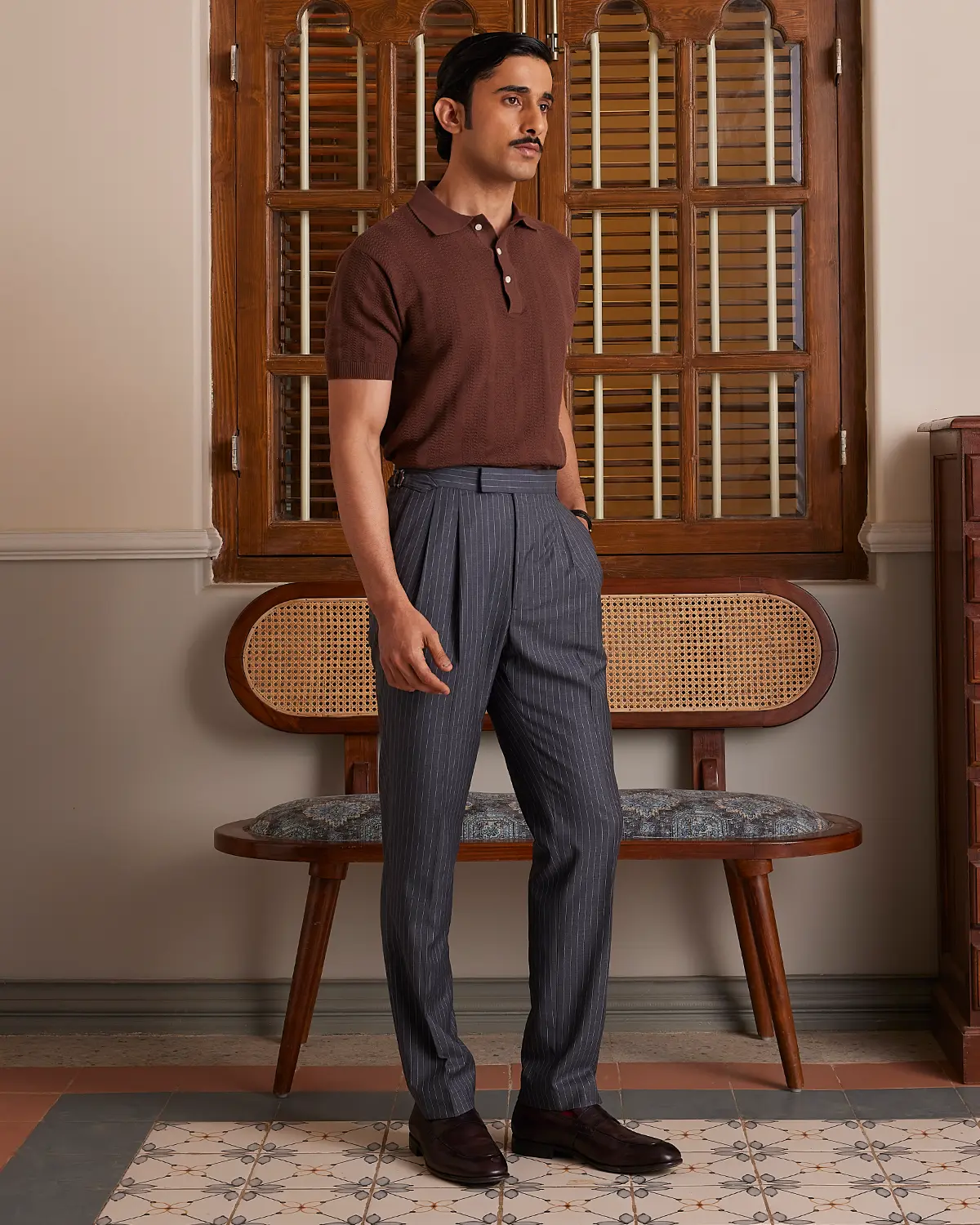Signature Flat Knit Jacquard Button Polo - Brown - Image 5