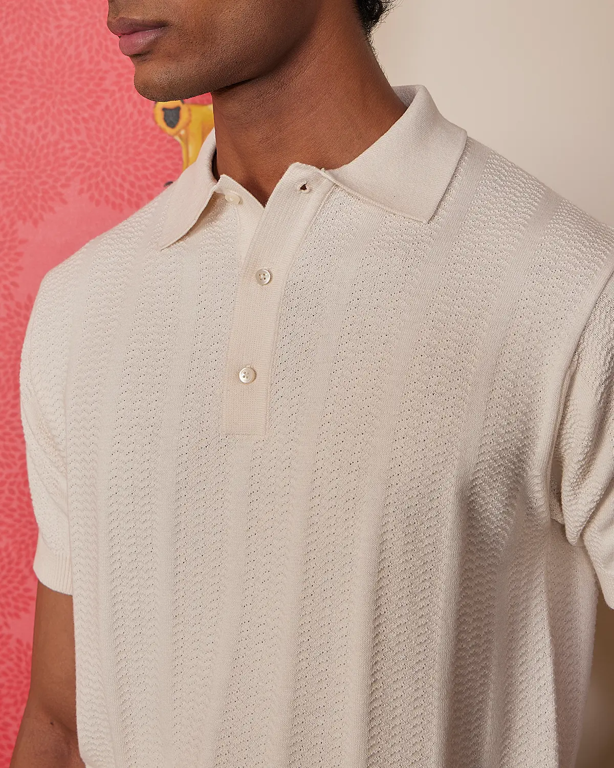 Signature Flat Knit Jacquard Button Polo - Ecru - Image 3